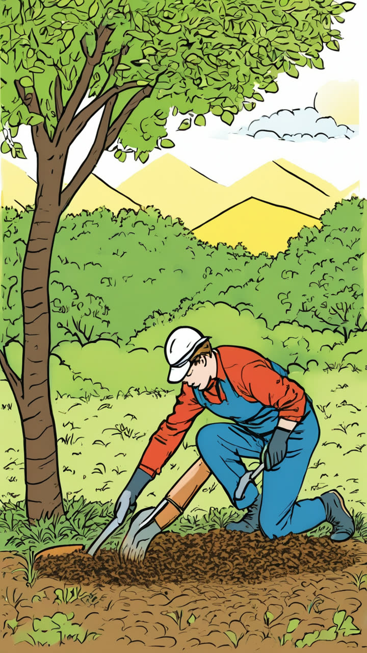 Comic-Illustration: Ein Mann pflanzt einen Baum