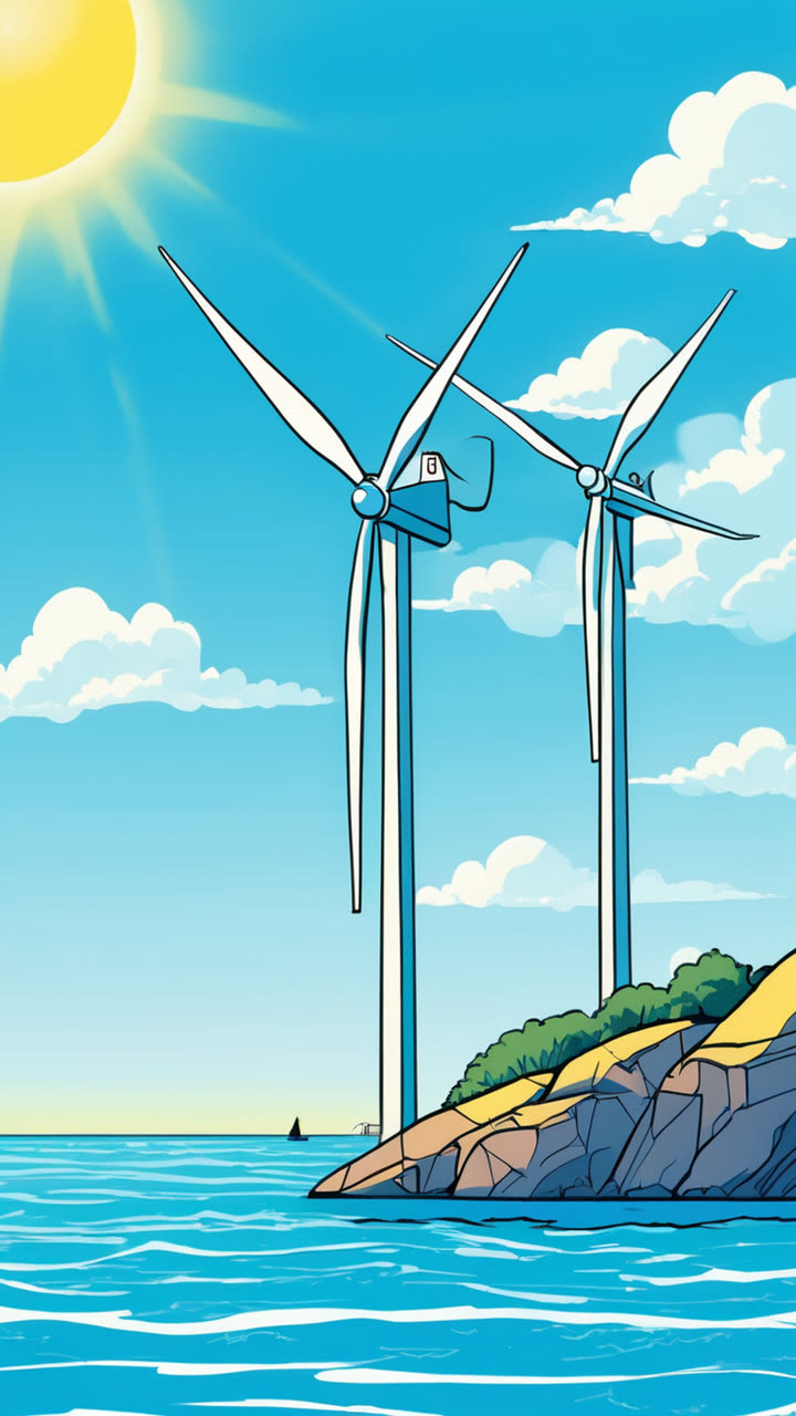 Comic-Illustration: Windräder im Meer unter blauem Himmel